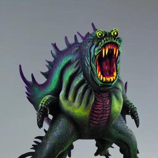 Image similar to a kaiju figurine super detailed oil painting with muted fluo colors