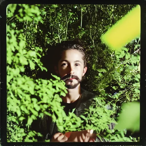 Image similar to Moonlit long shot of Shia Labeouf, eyes glinting, smiling eerily and holding a knife, peering through foliage in the forest at night, Eastman Color Negative II 100T 5247, ARRIFLEX 35 BL Camera