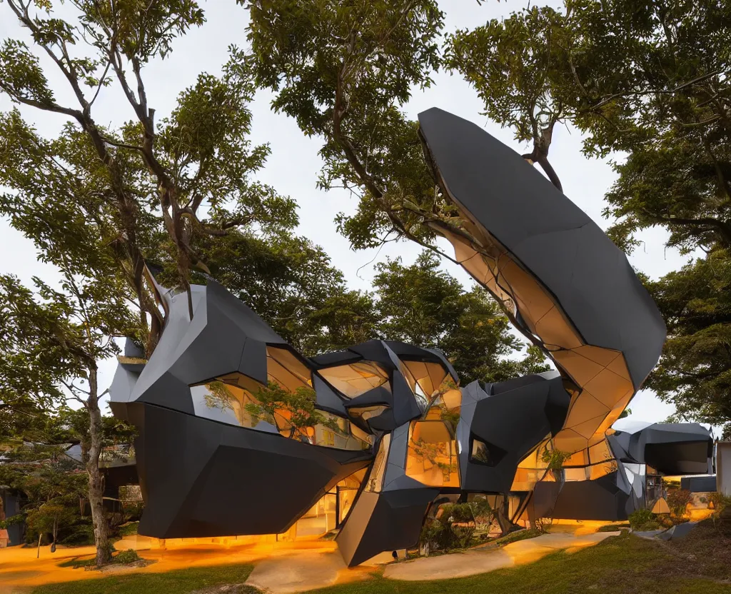 Prompt: photo of the exterior of a futuristic organic japanese house, dramatic lighting, black and orange colour palette, wide angle shot, archviz