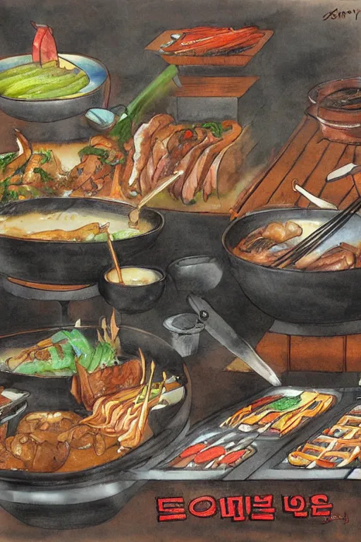 Prompt: korean bbq by jerry pinkney