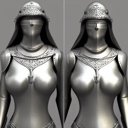 Image similar to seductive female medieval body armor made from silver, highly detailed realistic render, cinema 4d