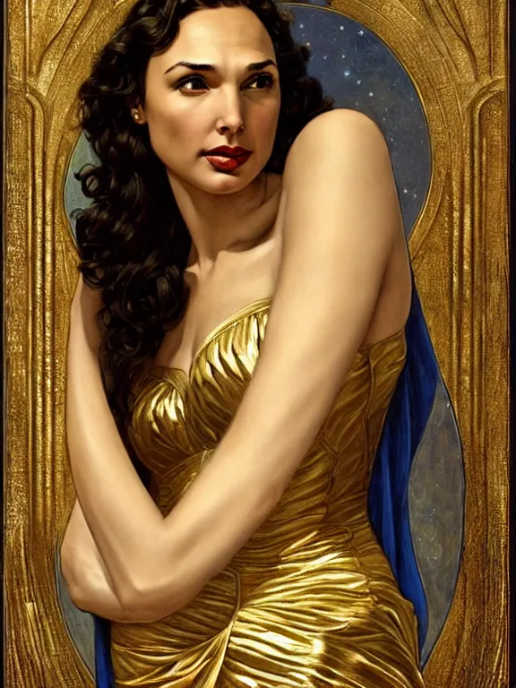 Prompt: Gal gadot as the magic Greek goddess Circe, a beautiful art nouveau portrait by Gil elvgren, moonlit Mediterranean environment, centered composition, defined features, golden ratio, intricate gold jewlery