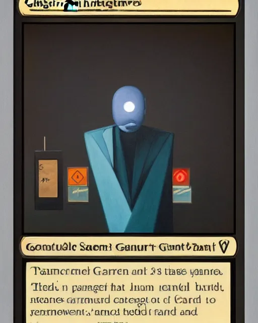 Image similar to a magic the gathering card called generate art the card art is a portrait of a machine painting itself, matte oil on canvas in the style of René Magritte, trending on artstation, extremely detailed, soft lightning, 4k, 8k, HD