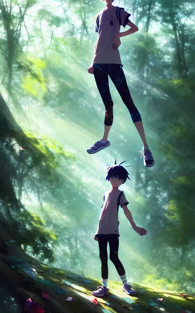Image similar to a beautiful fullbody portrait of a cute anime boy wearing sport clothing and leggings under shorts barefoot in a forest. character design by cory loftis, fenghua zhong, ryohei hase, ismail inceoglu and ruan jia. artstation, volumetric light, detailed, photorealistic, fantasy, rendered in octane
