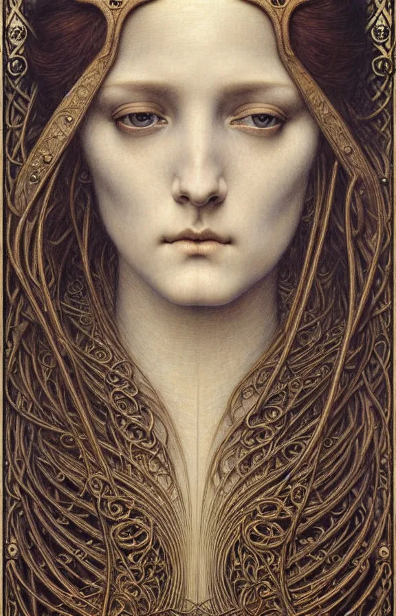 Image similar to detailed realistic beautiful young medieval queen face portrait by jean delville, gustave dore and marco mazzoni, art nouveau, symbolist, visionary, gothic, pre - raphaelite. horizontal symmetry