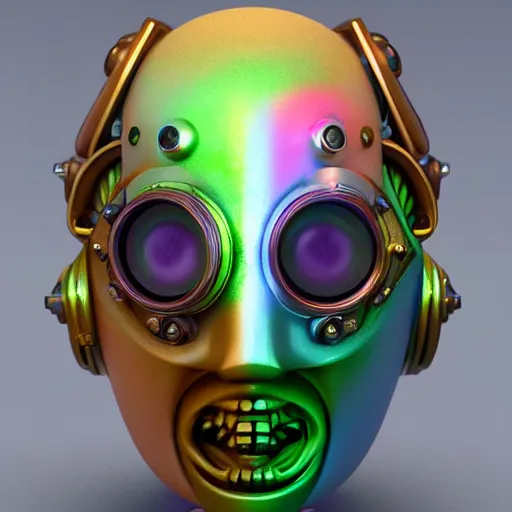 Prompt: a claymodel of a steampunk rococo spaced out futuristic robot head wearing multicolored tubes, 8 k, front shot, symetrical, flourescent colors, halluzinogenic, multicolored, exaggerated detailed, front shot, 3 d render, octane