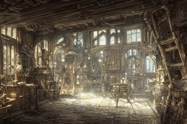 Prompt: A carpenters shop viewed from the inside, texture, intricate, details, highly detailed, masterpiece, architecture, building, trending on artstation, focus, sharp focus, concept art, digital painting, fantasy, sunny, day, midday, in the style of Dungeons and Dragons