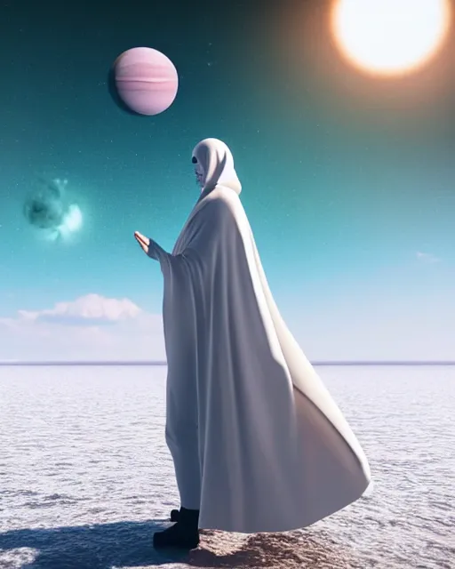 Image similar to a person wearing a white cloak that's blowing in the wind. they are standing in the water. a large planet with rings is visible in the sky. an album cover by stanley twardowicz, trending on cg society, retrofuturism, retrowave, chillwave, synthwave, 3 d render, unreal engine