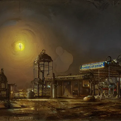 Image similar to painting of hr giger artlilery scifi organic shaped gas station with ornate metal work lands on a farm, fossil ornaments, volumetric lights, purple sun, andreas achenbach