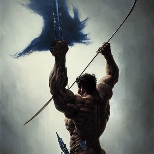 Prompt: artstation concept a midnight blue hulk holding bow and arrow, dusty, hyperdetailed, artstation trending, world renowned artists, worth 1 0 0 0. com, historic artworks society, antique renewel, cgsociety, by greg rutkowski, by gustave dore, deviantart