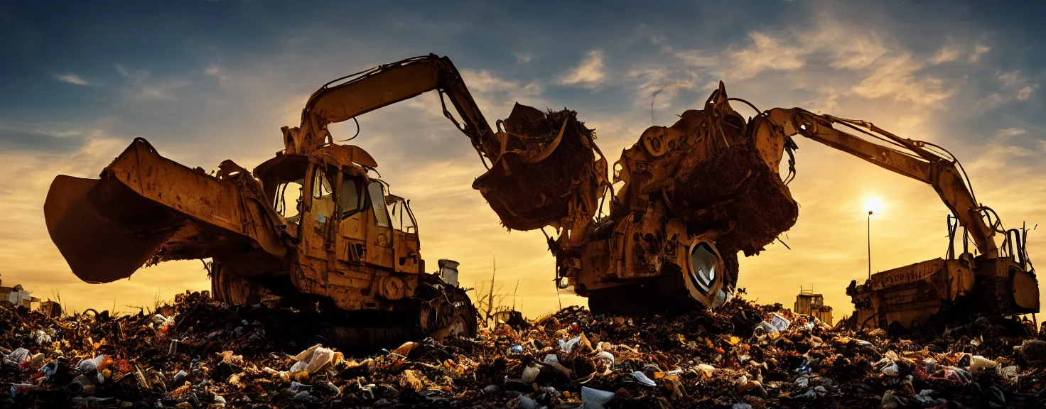 Image similar to Silhouette of single CAT caterpillar bulldozer moving garbage on junkyard heap, photorealistic image, golden hour, low angle shot, very detailed
