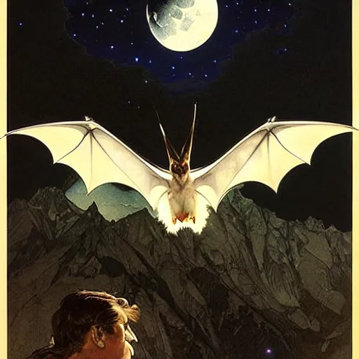 Image similar to hyper realistic white bat, flying against a dark black night sky, mountain in the background, moonlight, denoised, very detailed, painted by james gurney, alphonso mucha, norman rockwell, tom bagshaw