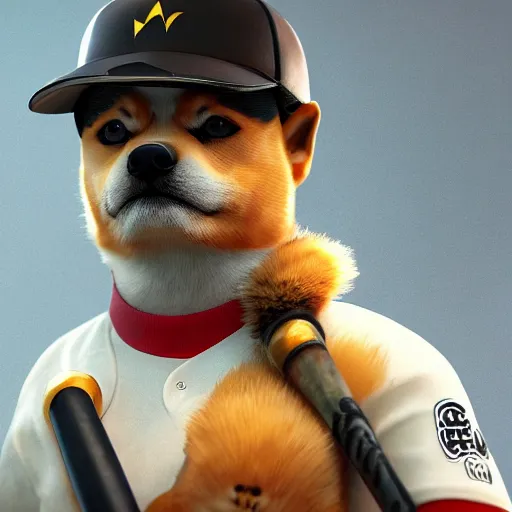 Image similar to highly detailed digital art, shiba inu holding a baseball bat on his hand, cinematic lightning, 4 k, ultra detailed, octane render, trending on artstation, masterpiece, digital art.