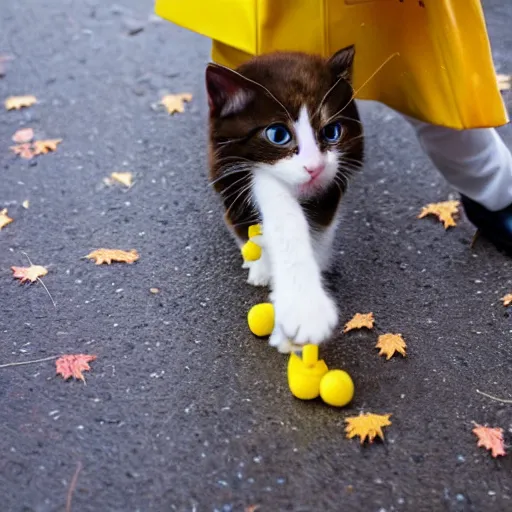 Image similar to anthropomorphic cute kitten wearing a yellow raincoat and yellow boots getting on the school bus on the first day of kindergarten, with colorful fall leaves and light rain, by Wes Anderson