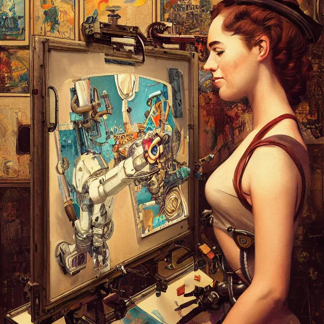 Image similar to robot artist painting a self - portrait on a canvas. intricate, highly detailed, digital matte painting, in the style of alexandros pyromallis, and in the style of sachin teng, and in the style of hans thoma, and in the style of gil elvgren. irony, recursion, inspiration, steampunk.