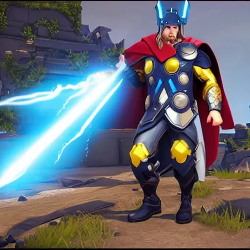 Prompt: Thor as a character in the game Overwatch, gameplay footage
