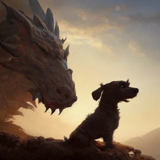 Image similar to the side view of the head of a dog, a little terrier, inside the silhouette shadow of a side view of the head of a huge dragon, beautiful fantasy painting by greg rutkowski