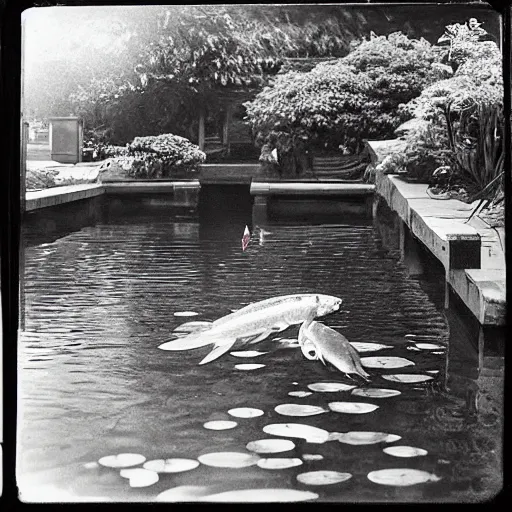 Prompt: the flowers are really bedraggled and the koi have been lethargic all summer, midday sunlight, black and white daguerreotype, concept art