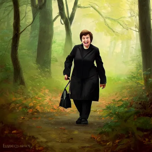 Image similar to supreme court justice elena kagan going for a walk in the woods, realistic face, digital art by ruan jia and mandy jurgens and artgerm, highly detailed, trending on artstation, award winning