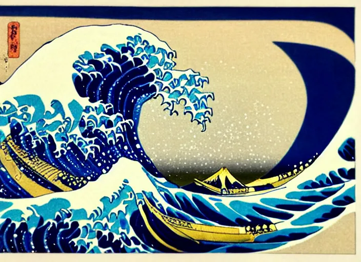 Prompt: the great wave off kanagawa is a woodblock print by the japanese ukiyo - e artist hokusai, 1 8 3 1, japan. kermit the frog is wiping out on his surfboard at the top of the wave
