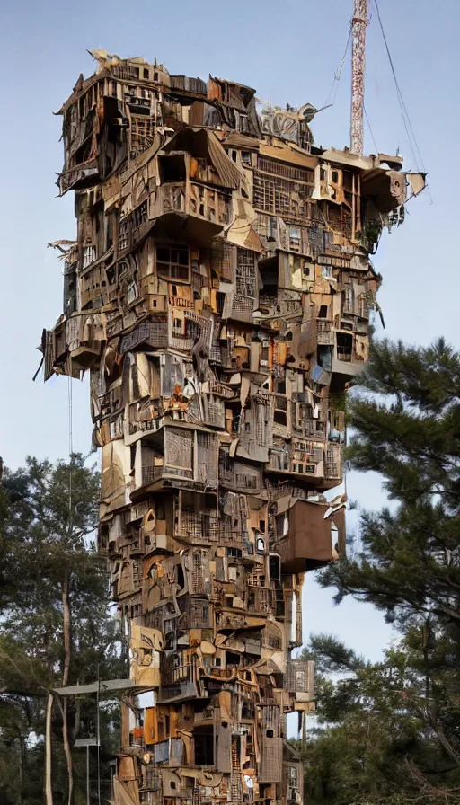 Prompt: tall cardboard house made of junk, multiple floors over hanging one another, unorganized architecture, intricate detail