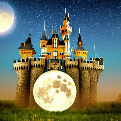 Image similar to realistic photo : a glowing sleeping beauty castle on a countryside at night under the stars, a full moon, and clouds