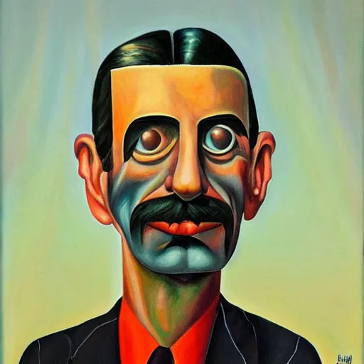 Image similar to robotic frank zappa portrait, long hair, grant wood, pj crook, edward hopper, oil on canvas