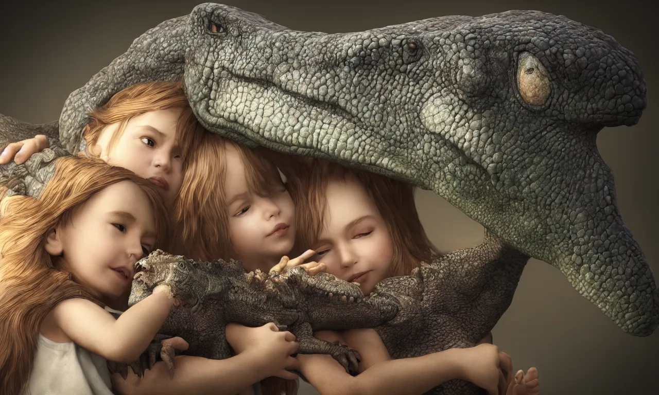 Image similar to portrait of a little girl cuddling with her beloved tyrannosaurus, very high detail, raytracing, back light, raymarching, by ilm, by digital domain, by weta digital