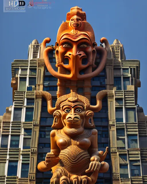 Image similar to high quality 3 d art deco biomorphic hanuman! head building in mumbai!! centre, highly detailed, cinematic smooth, berenice abbott & john j. park, dramatic warm morning light, wide shot, high angle, uhd 8 k, sharp focus