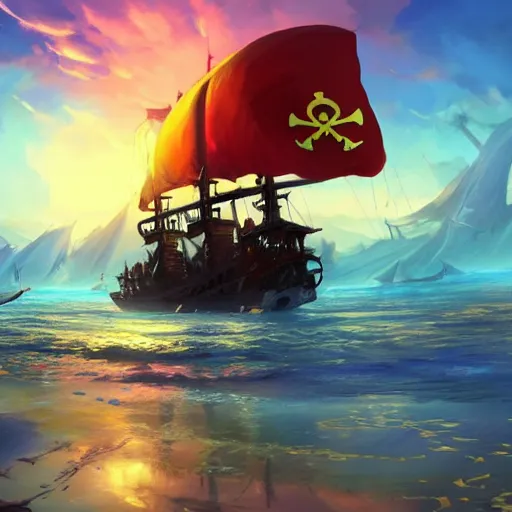 Image similar to a large pirate ship floating on top of a body of water, pirates flag, cgsociety, fantasy art, 2 d game art, concept art, heavenly lighting, retrowave, behance hd, concept art by jesper ejsing, by rhads, makoto shinkai cyril rolando, madgwick