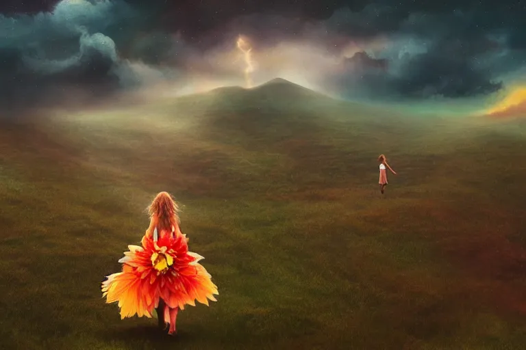 Image similar to giant dahlia flower as a head, girl walking on mountain, surreal photography, stars, dramatic light, impressionist painting, storm clouds, digital painting, artstation, simon stalenhag