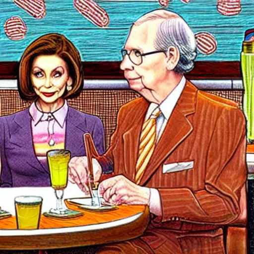 Prompt: The Artwork of R. Crumb and his Cheap Suit Mitch McConnell and Nancy Pelosi go out to a diner, pencil and colored marker artwork, trailer-trash lifestyle