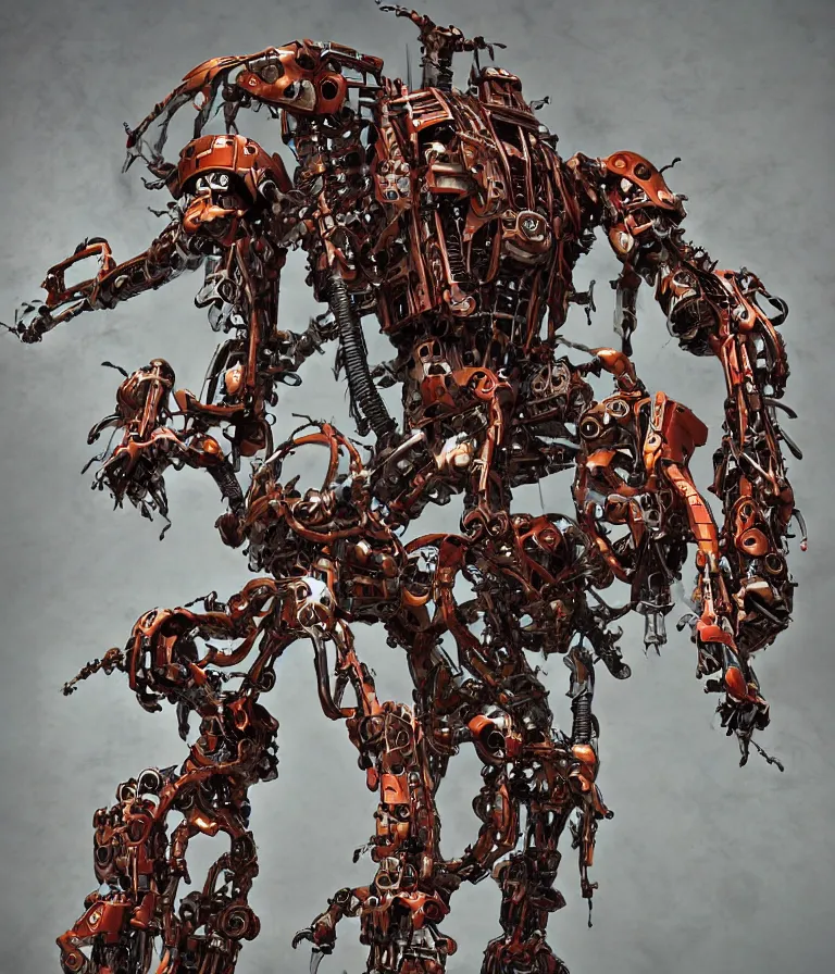 Prompt: biomechanical combat mecha with long multisegmented arms by boris groh, brian despain, gerald brom. rich colors, 3 d sculpture