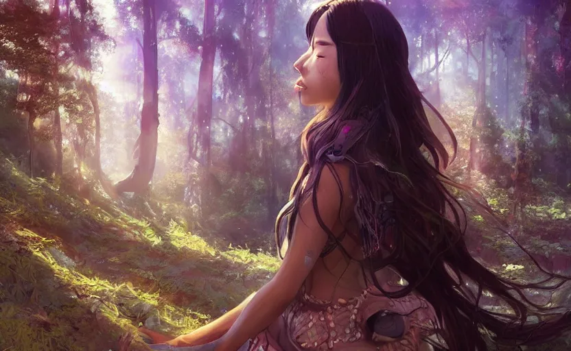 Image similar to beautiful Himalayan woman, sci-fi tibetan fashion, brown very very long hair, somber, scene of a summer forest with glowing blue lilies, dramatic light, wide angle, , dramatic angle , 8k hdr pixiv by Makoto Shinkai and Wojtek Fus, rossdraws, ambient occlusion