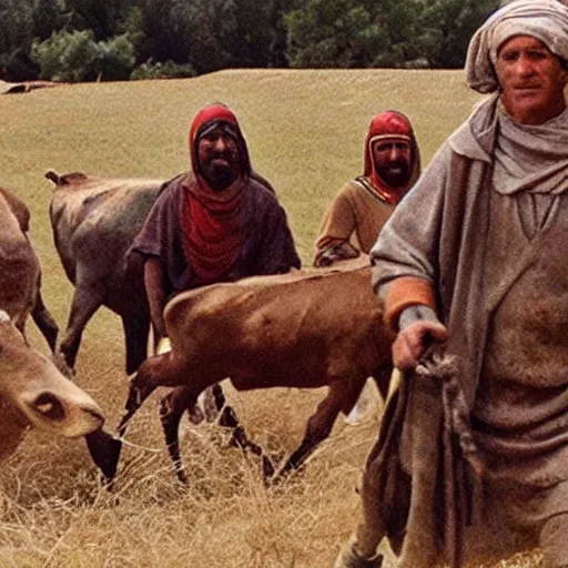 Image similar to cinematic still of farmer in ancient canaanite clothing working with oxen in the field, directed by steven spielberg