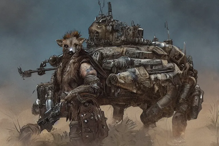 Image similar to a good ol'hyena fursona ( from the furry fandom ), heavily armed and armored facing down armageddon in a dark and gritty version from the makers of mad max : fury road. witness me.