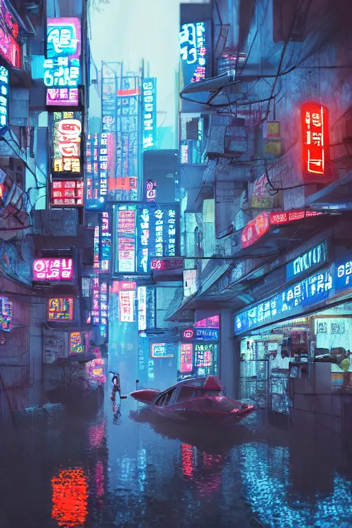 Image similar to cyberpunk flooded rainy south korea, seoul, man in small row boat, reflections, cinematic lighting, photorealistic, trending on artstation, storefronts made of neon lights, hyper realistic rendering photography, unreal 5 engine render, ultra wide angle, long shot, 8 k