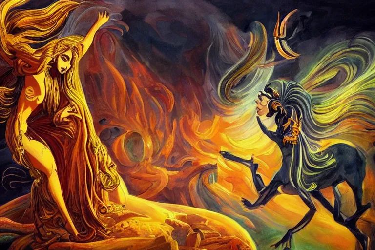 Image similar to the majestic god of life meets the mysterious god of death, scene from an animated film, dramatic, cinematic shot, beautiful stunning painting, high contrast, ornate and intricate designs, amazing landscape