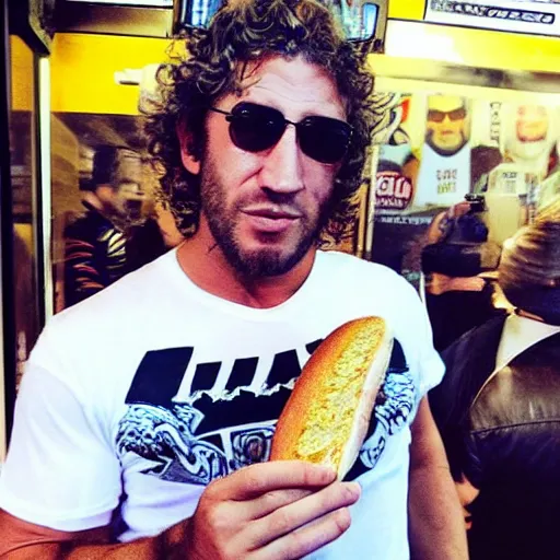 Prompt: “kenny omega eating a subway sandwich, wrestler, photography”