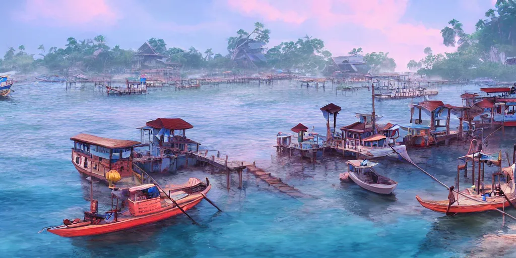 Image similar to pulau indah jetty fishing town in the morning, detailed matte painting, studio ghibli, artstation