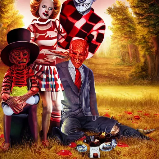 Prompt: freddy krueger, penny - wise and joe biden on a picnic, photo portrait, hyper realism, creepy, symmetry, awesome exposition, very detailed, highly accurate, professional lighting diffracted lightrays, 8 k, sense of awe