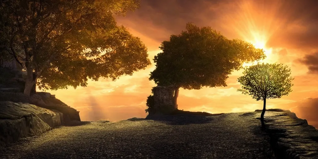 Image similar to a lonely cobblestone street with a tree on a cliff over the sea at sunset, backlighting, brightly illuminated by rays of sun, in the style of Broken Sword: 2