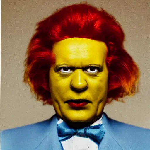 Image similar to portrait photograph of Ronald-McDonald with an angry stare