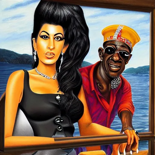 Image similar to beautiful lifelike painting of flava flav and amy winehouse buying a yacht in dubrovnik, hyperreal detailed facial features and uv lighting, art by ed roth and basil wolverton