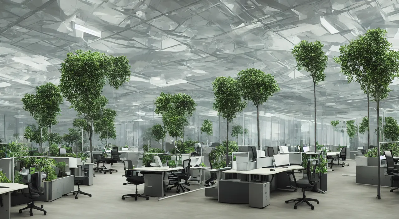 Image similar to futuristic office with trees and plants, glowing computer screens, bright with large windows and voluminous light and light rays, extremely intricate, very detailed, artstation, octane render, warm colored furniture and highlights, cinematic lighting