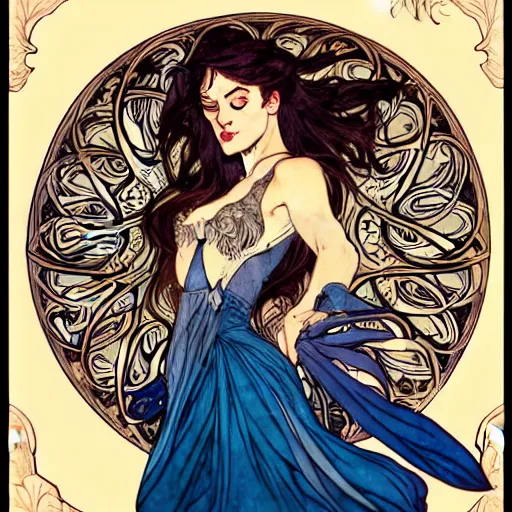 Image similar to in the style of artgerm, arthur rackham, alphonse mucha, phoebe tonkin, symmetrical eyes, symmetrical face, flowing blue skirt, hair blowing, intricate filagree, hidden hands, warm colors, cool offset colors