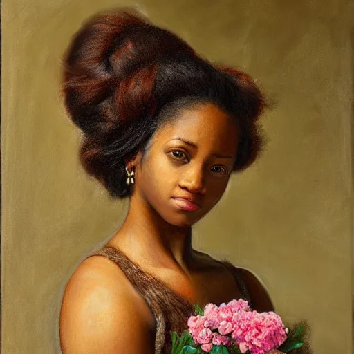 Image similar to beautiful brown skinned woman, with pigtails, holding flowers, hyper realism, muted colours, rococo, portrait