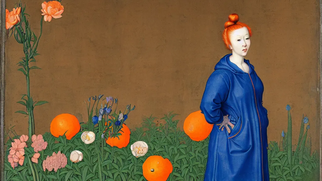 Image similar to portrait of a curvy woman with orange hair buns, wearing a blue raincoat and baggy jeans, standing in a garden full of plants and flowers, intricate details, high detail, in the style of rogier van der weyden and jacopo da pontormo, punk, asian art,