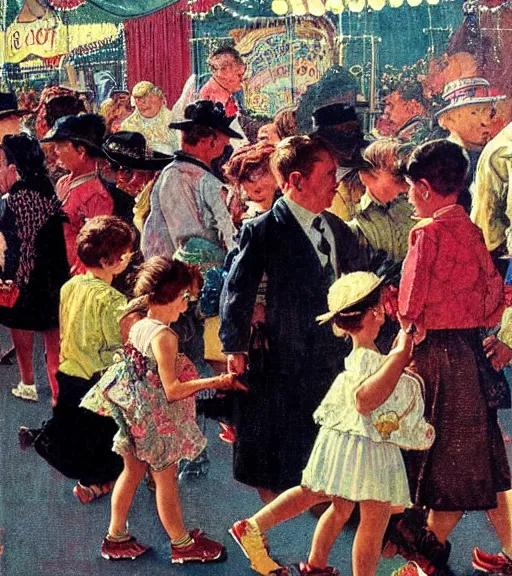 Image similar to kids wandering through a carnival, all ignoring the rides and playing on their phones instead, by Norman Rockwell 🖼-W 1024