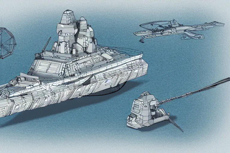 Image similar to axonometric schematics of a futuristic warship, highly detailed, intricate